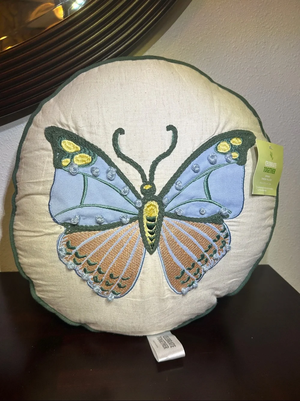 NWT Celebrate Together™ Spring Round Embroidery Butterfly 14-in. Pillow